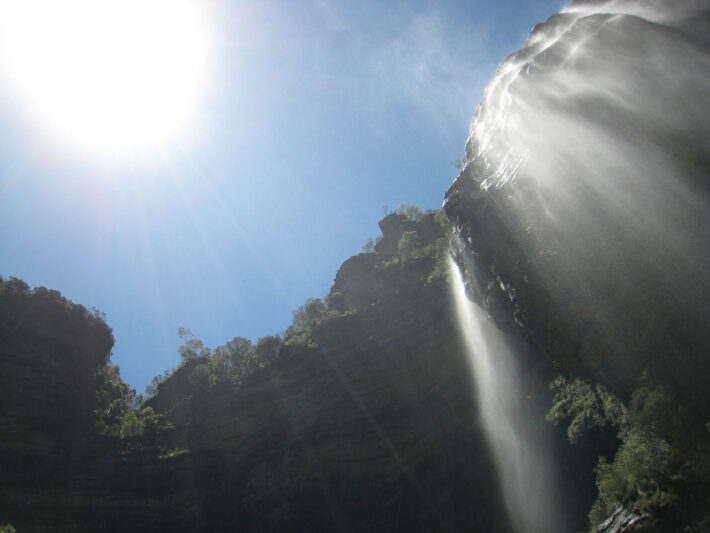 Wenworth waterfalls in the Blue Mountains of Australia on a sunny day