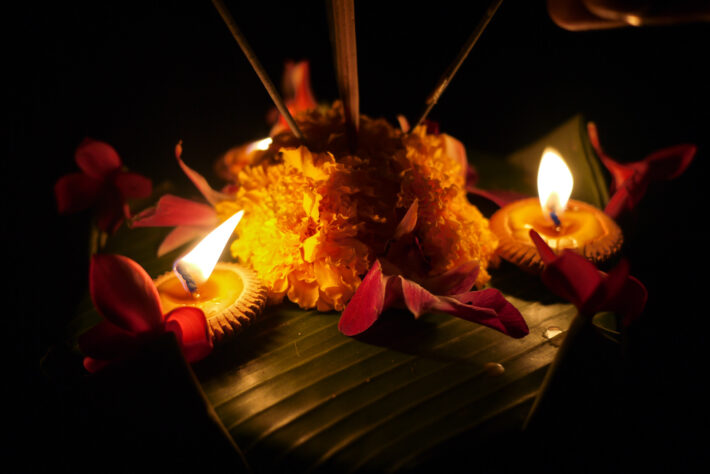 a handmade krathong during Yi Peng and Loy Krathong festivals in Chiang Mai, Thailand