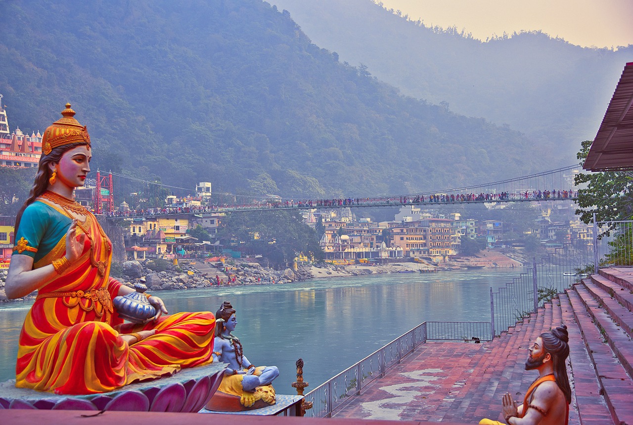 river ganges statue and bridge into Rishikesh, india.