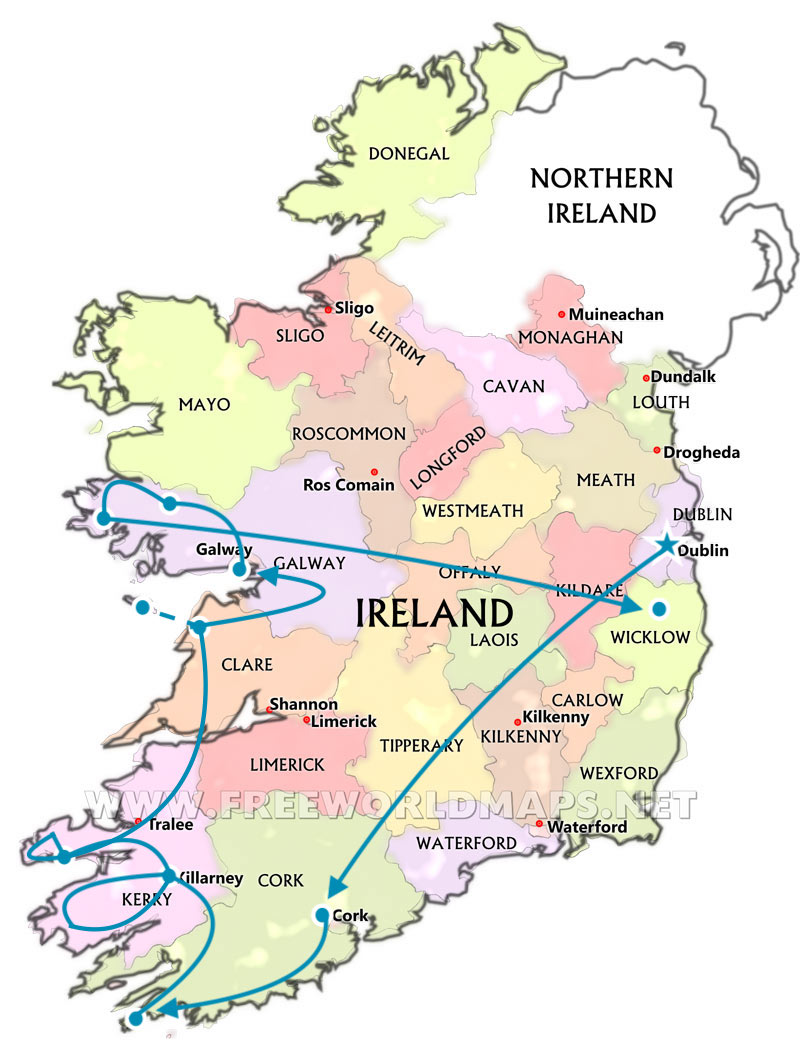 map of my route driving through Ireland